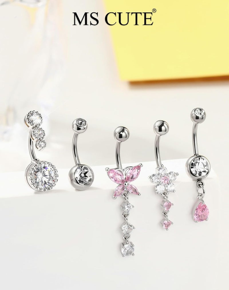 MS CUTE 5PCS Belly Button Rings for Women 14G Dangle Navel Piercing Jewelry Set Surgical Stainless Steel Body Jewelry with CZ Butterfly Flower Teardrop Barbell for Beach Festival Daily - Image 5